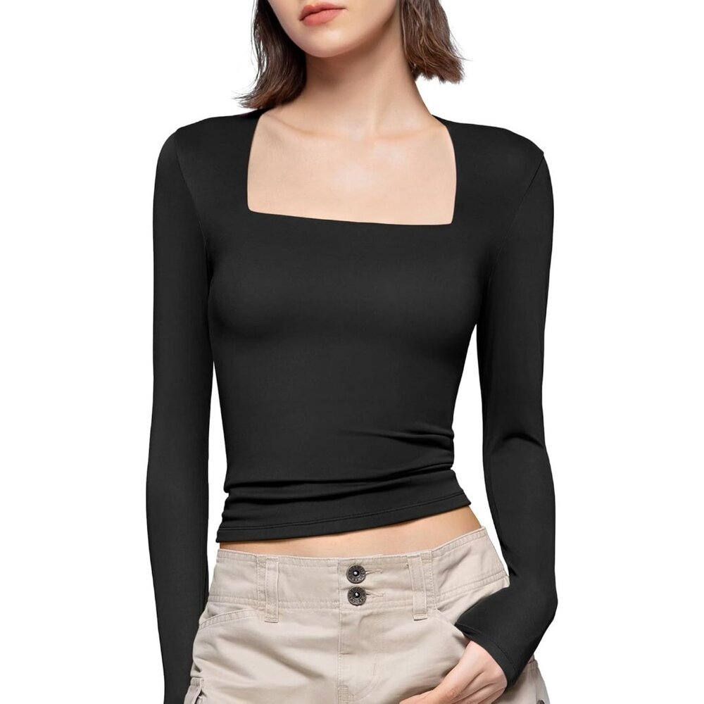 Women's Jet Black Square Neck Long Sleeve T Shirts Slim Fit Tops Collection